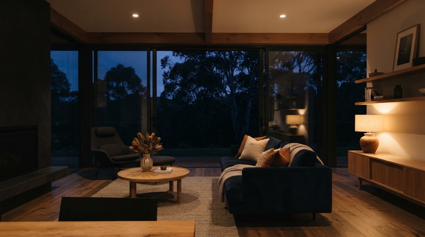 Protected living room at dusk with warm ambient lighting
