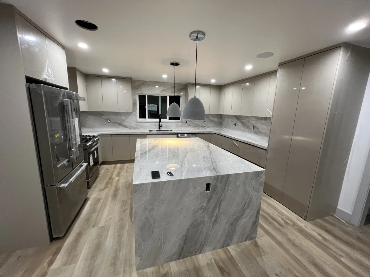Full kitchen remodel with waterfall countertop