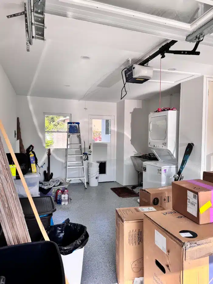 Finished garage interior with epoxy floor