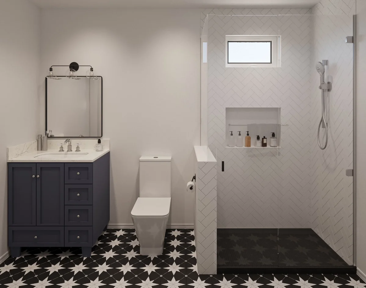 Walk-in shower with herringbone tile