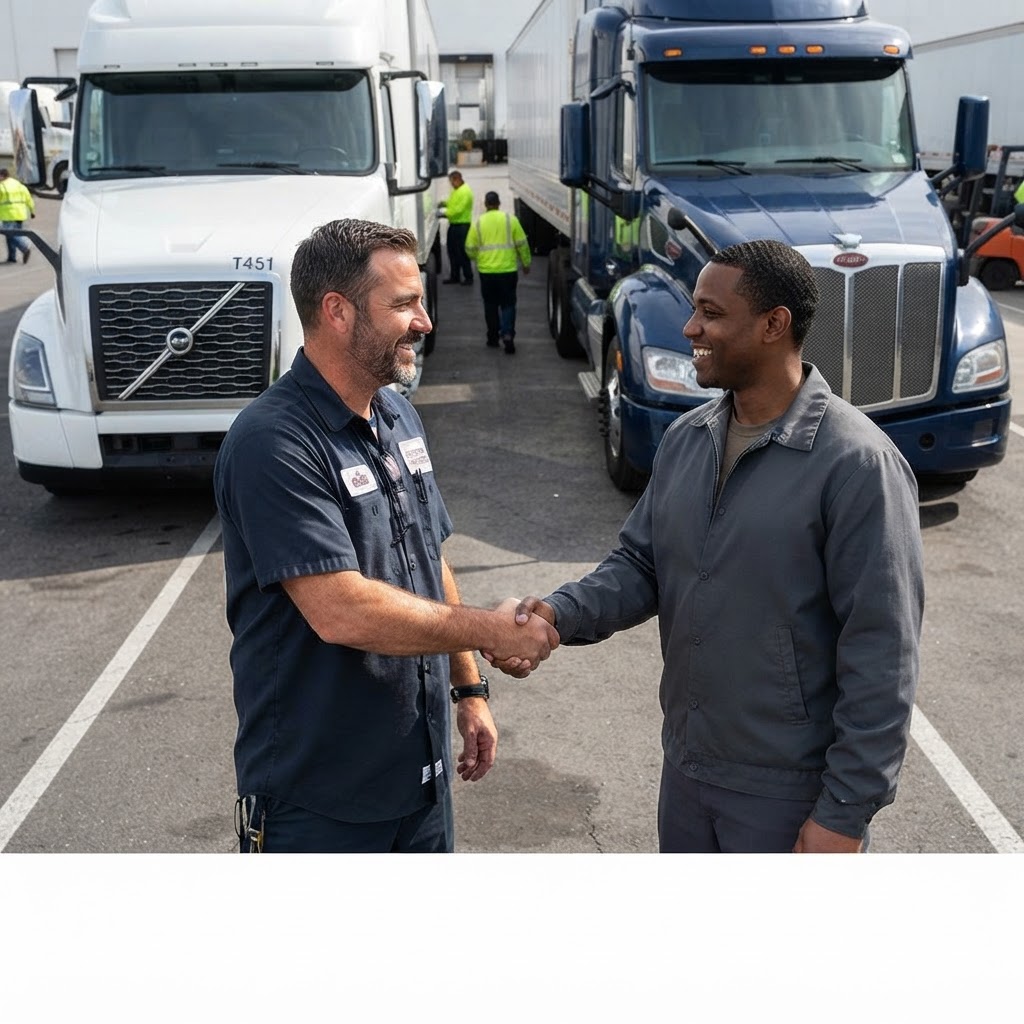 Drivers connecting at a logistics yard