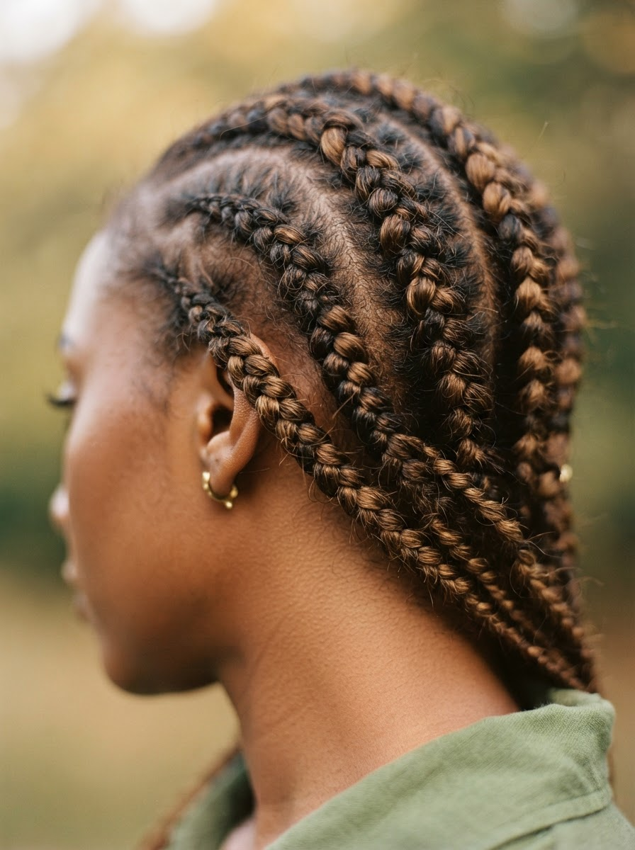 Neat straight-back cornrow braids with honey-brown tones