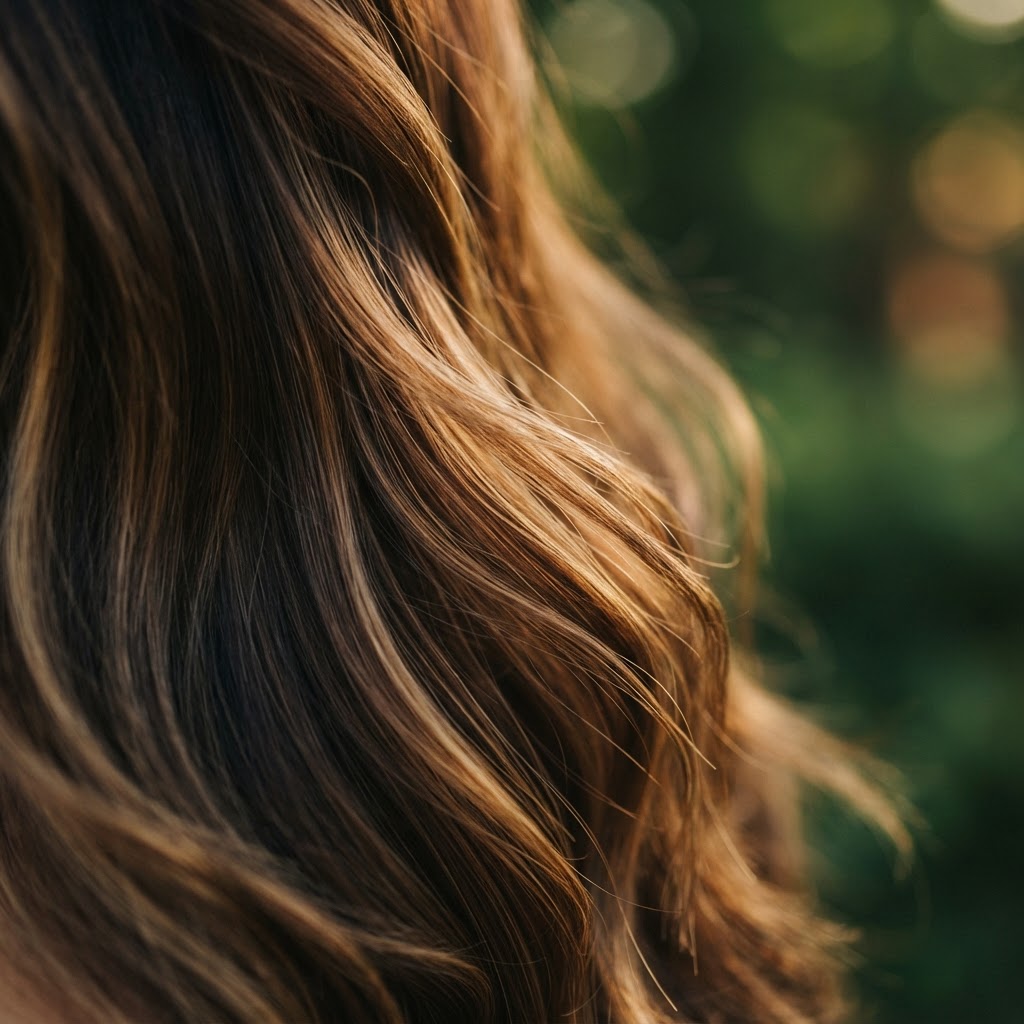 Textured hair with warm highlights catching natural light