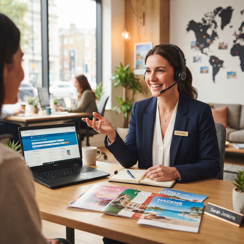 Travel sales professional booking a client