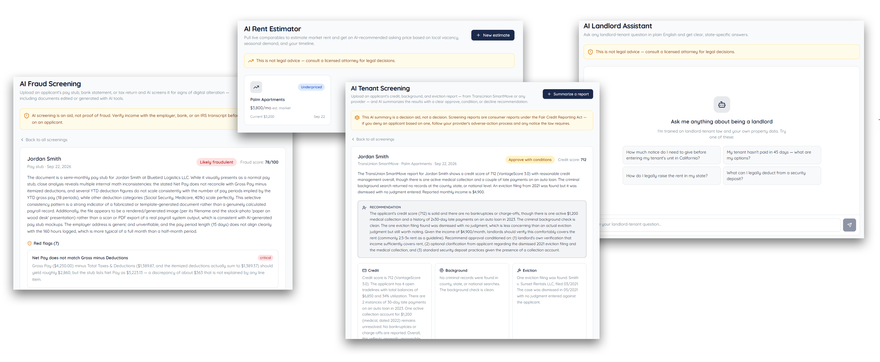 Screens from Leaserly's AI tools: the AI Fraud Screening, AI Tenant Screening, and AI Landlord Assistant