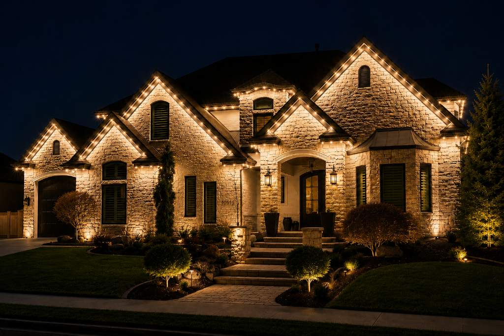 Luxury home with permanent LED trim lighting at night
