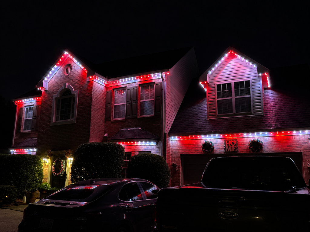 Home with red and white game day LED lighting