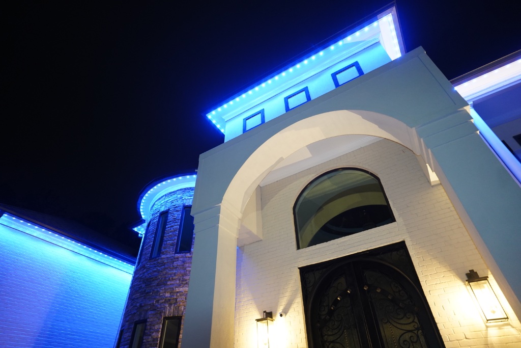 Close up of home entrance with blue LED lighting