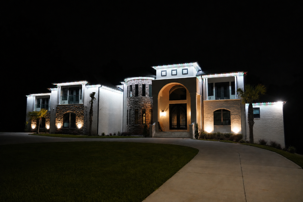 Home with bright white security LED lighting