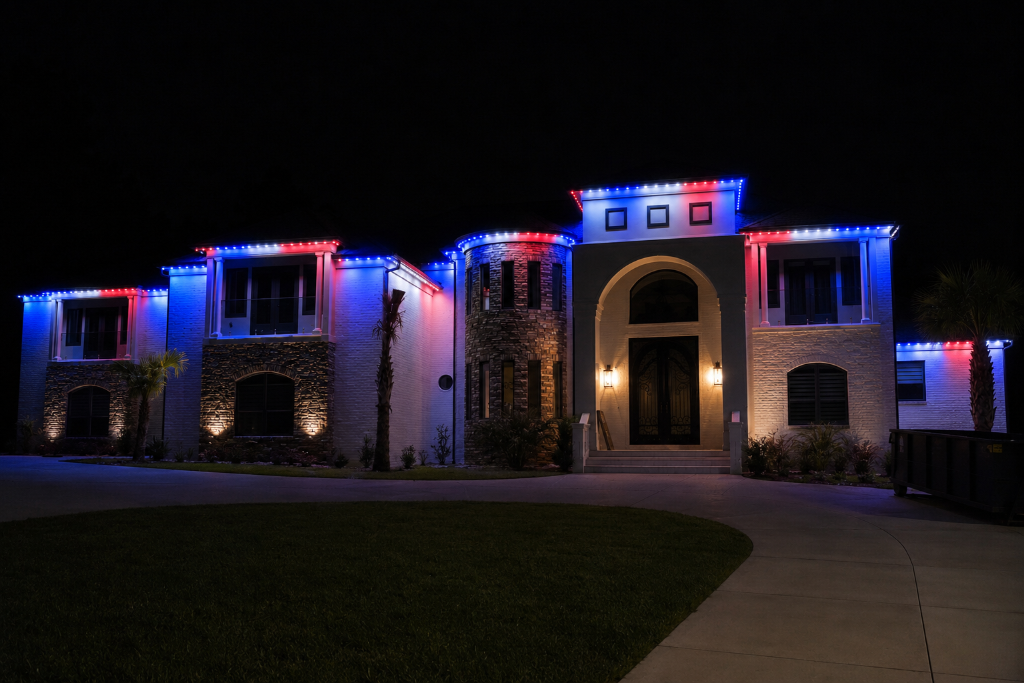 Home with red white and blue holiday LED lighting