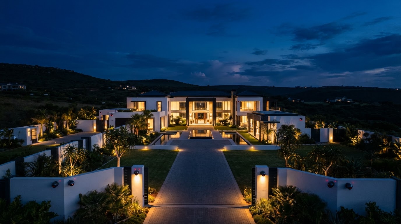 Modern secured estate at dusk with CCTV cameras