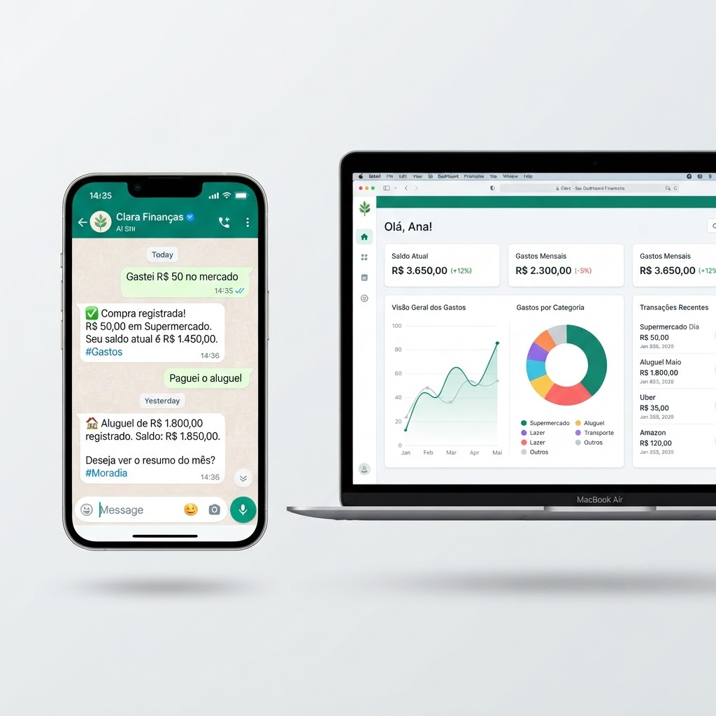 WhatsApp conversando com a IA do Oria Fin e dashboard financeiro em tempo real