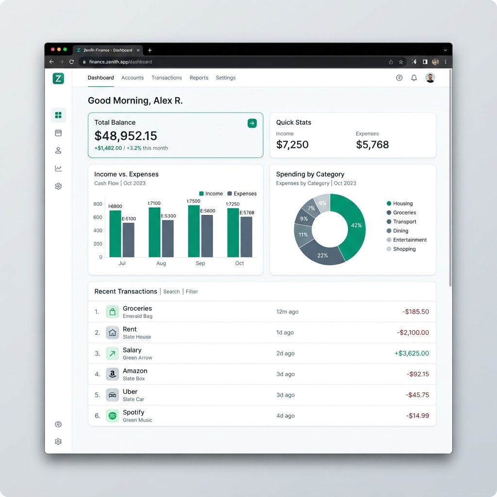 Dashboard financeiro do Oria Fin com gráficos e transações