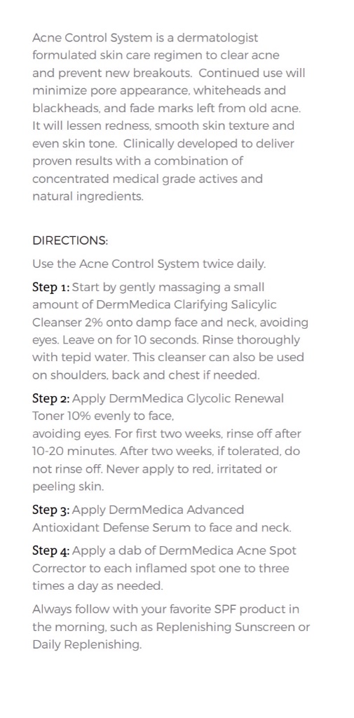 Acne Control System description and directions