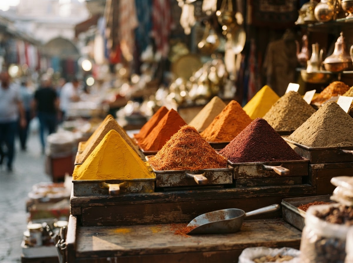 Colorful Turkish spice mounds at a traditional bazaar