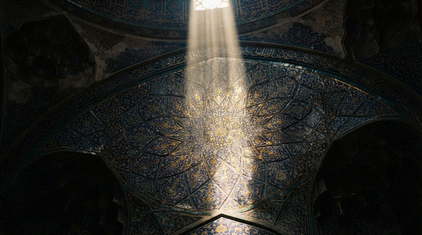 Intricate Ottoman mosque ceiling with golden light