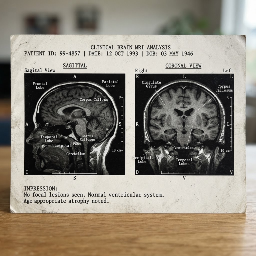 MRI brain scan printout with sagittal and coronal cross-sections