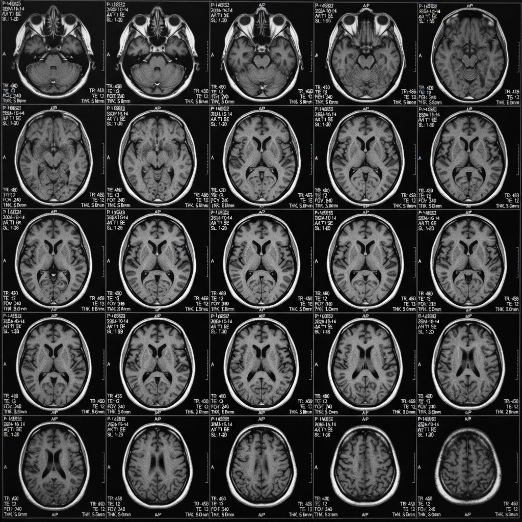 High-contrast MRI brain scan, axial cross-sections on dark background