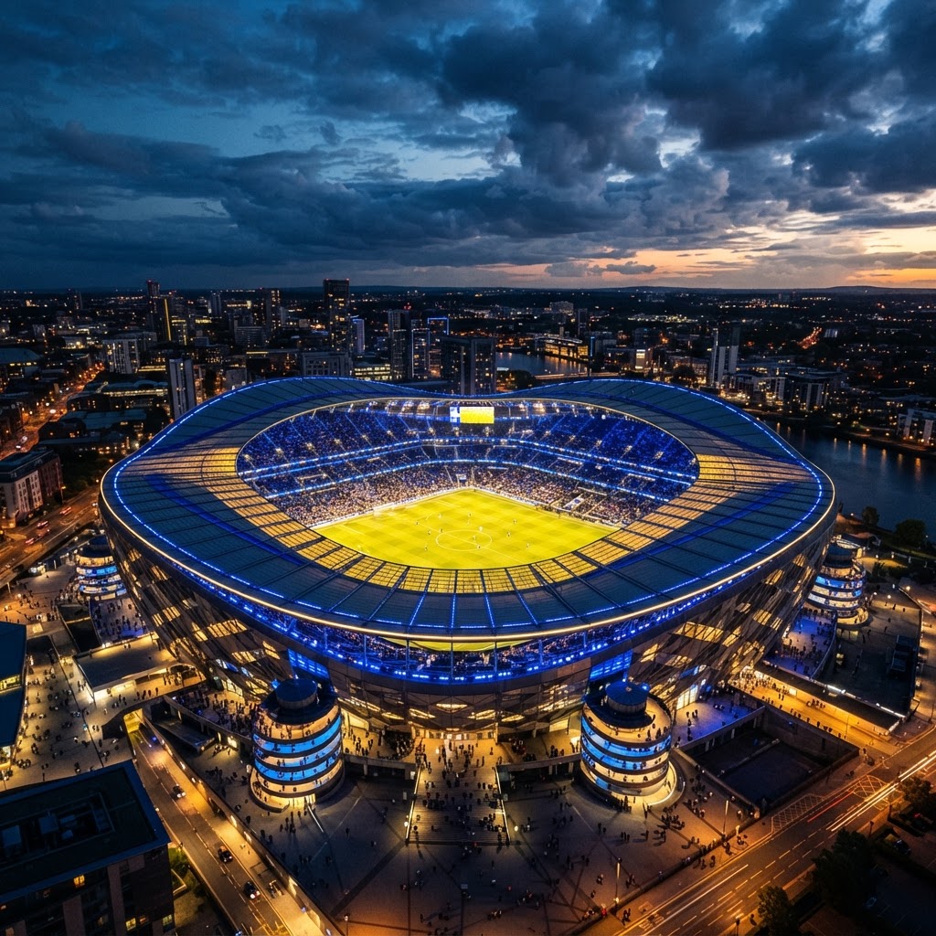 Illuminated stadium at dusk and street scene