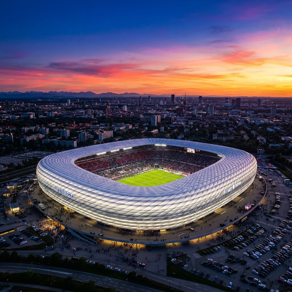 Aerial view of a floodlit football stadium at sunset