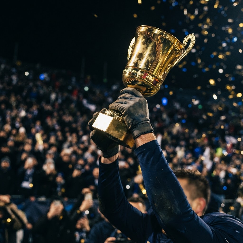 Golden trophy lifted in celebration at a stadium