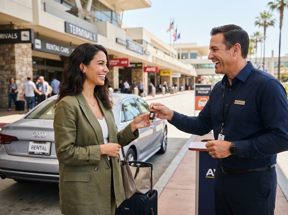 Customer picking up car keys at JF Car Rental