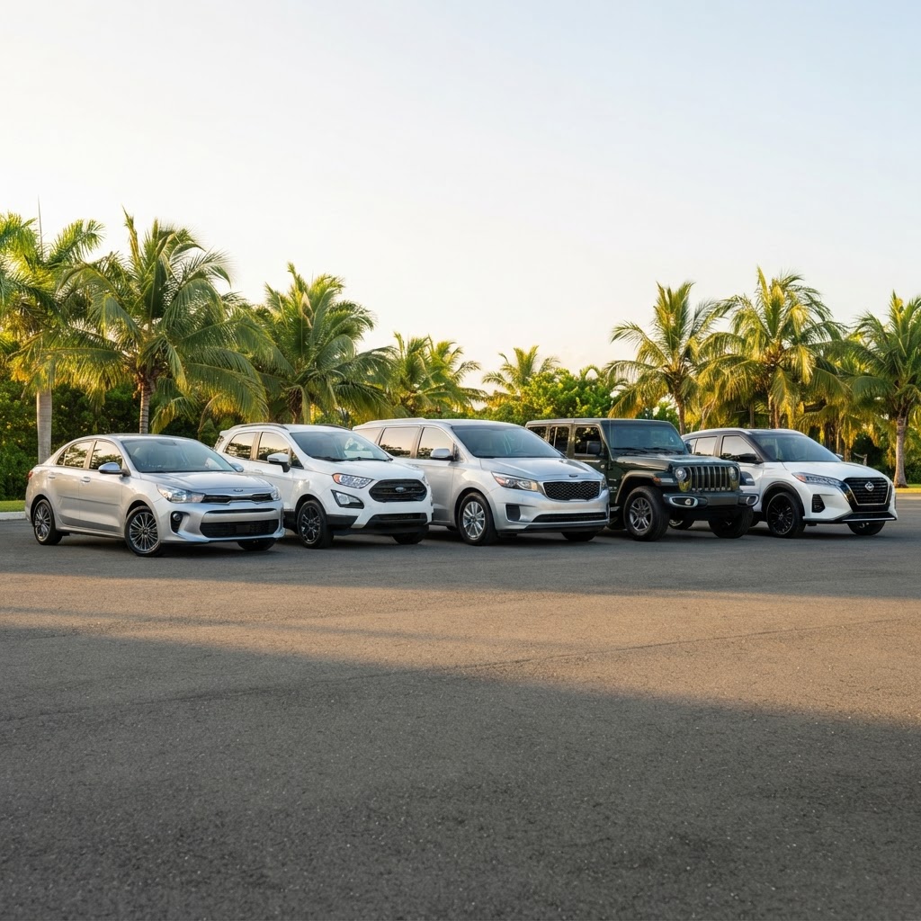 The JF Car Rental fleet — Kia Rio, Ford EcoSport, Kia Sedona, Jeep Wrangler and Nissan Kicks available from JF Car Rental in San Juan, Puerto Rico