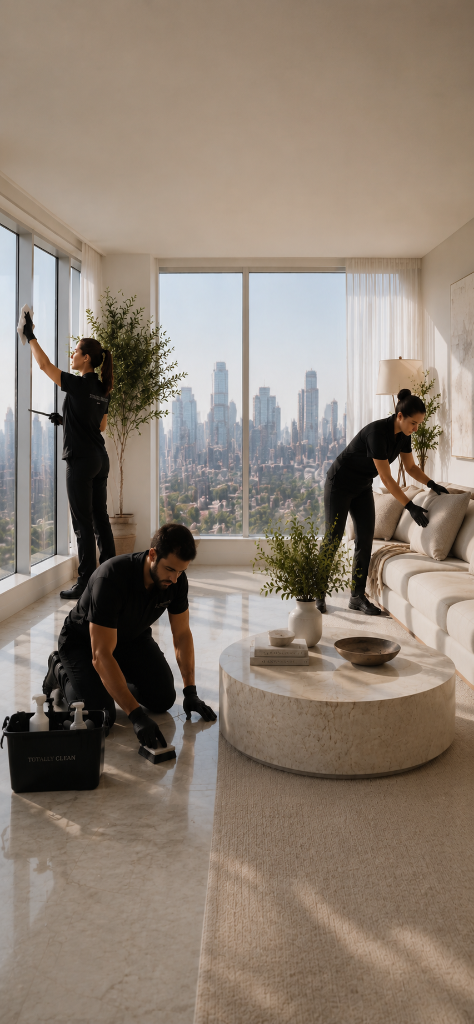 Totaly Clean professionals cleaning a luxury Montreal penthouse