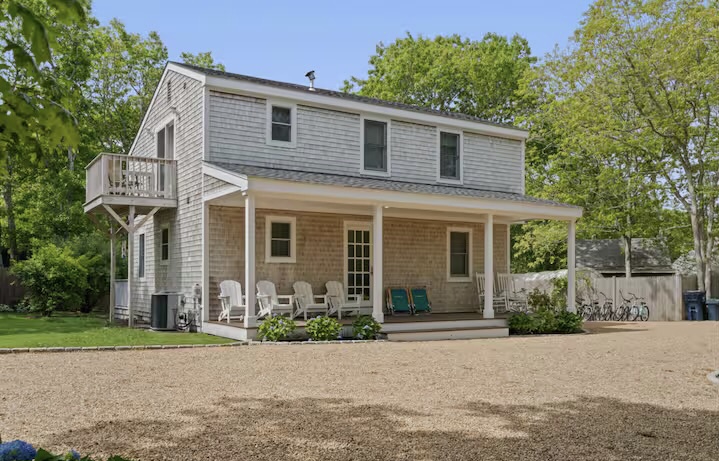 Summer Wind luxury vacation home exterior at golden hour in Martha's Vineyard