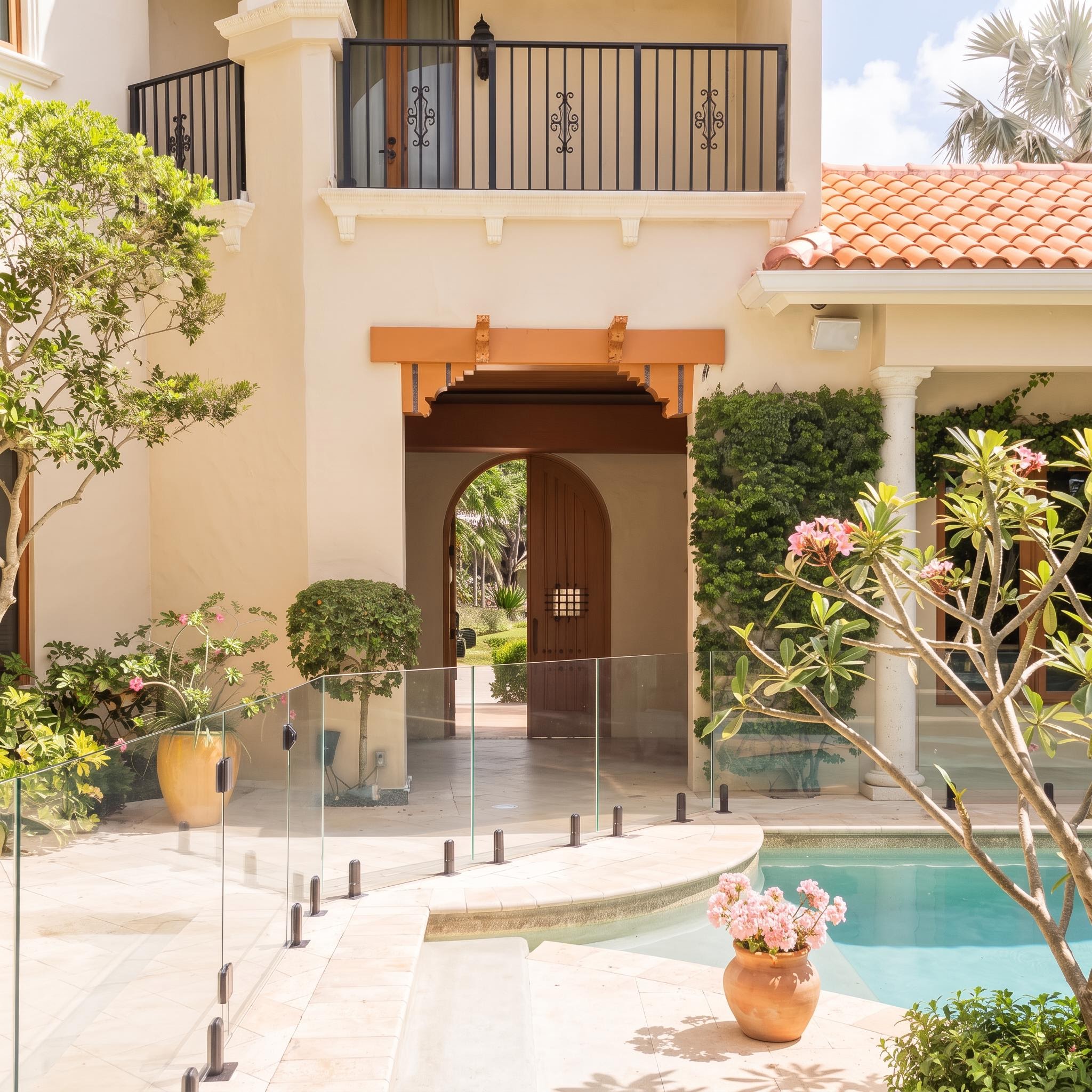 Glass pool fence and arched architecture at a finished South Florida home
