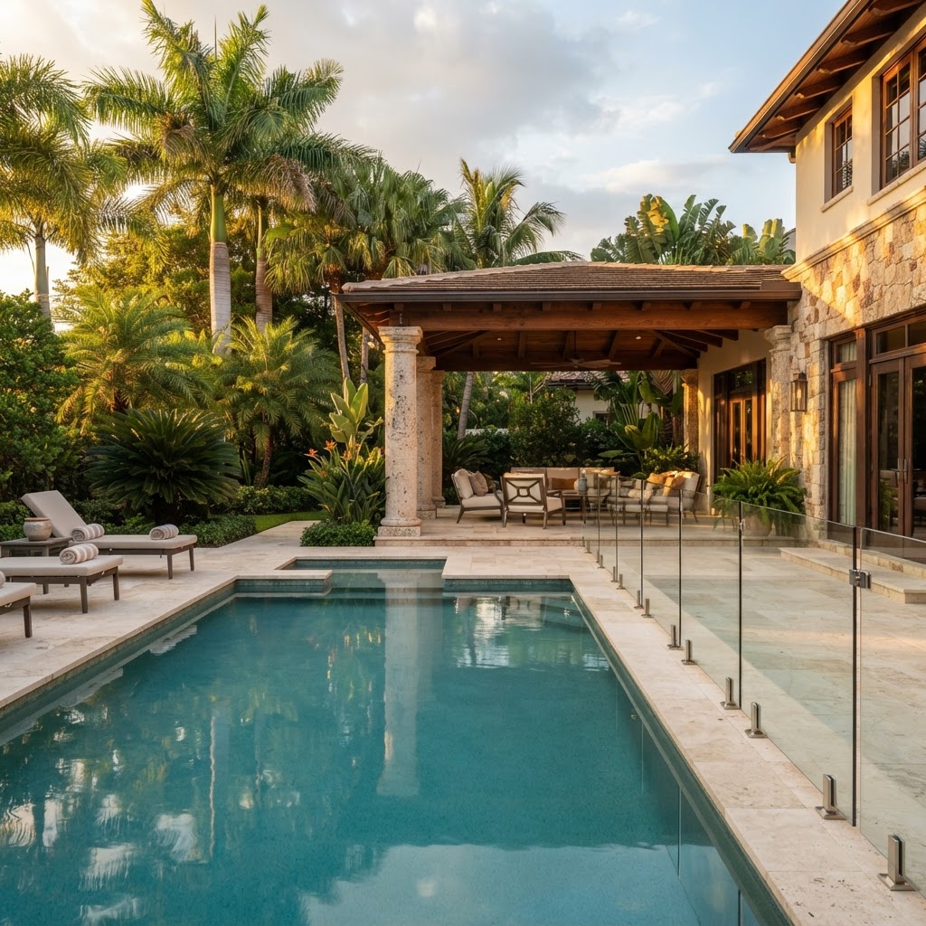 Travertine pool deck and frameless glass fence beneath a timber-beamed loggia at a finished South Florida home