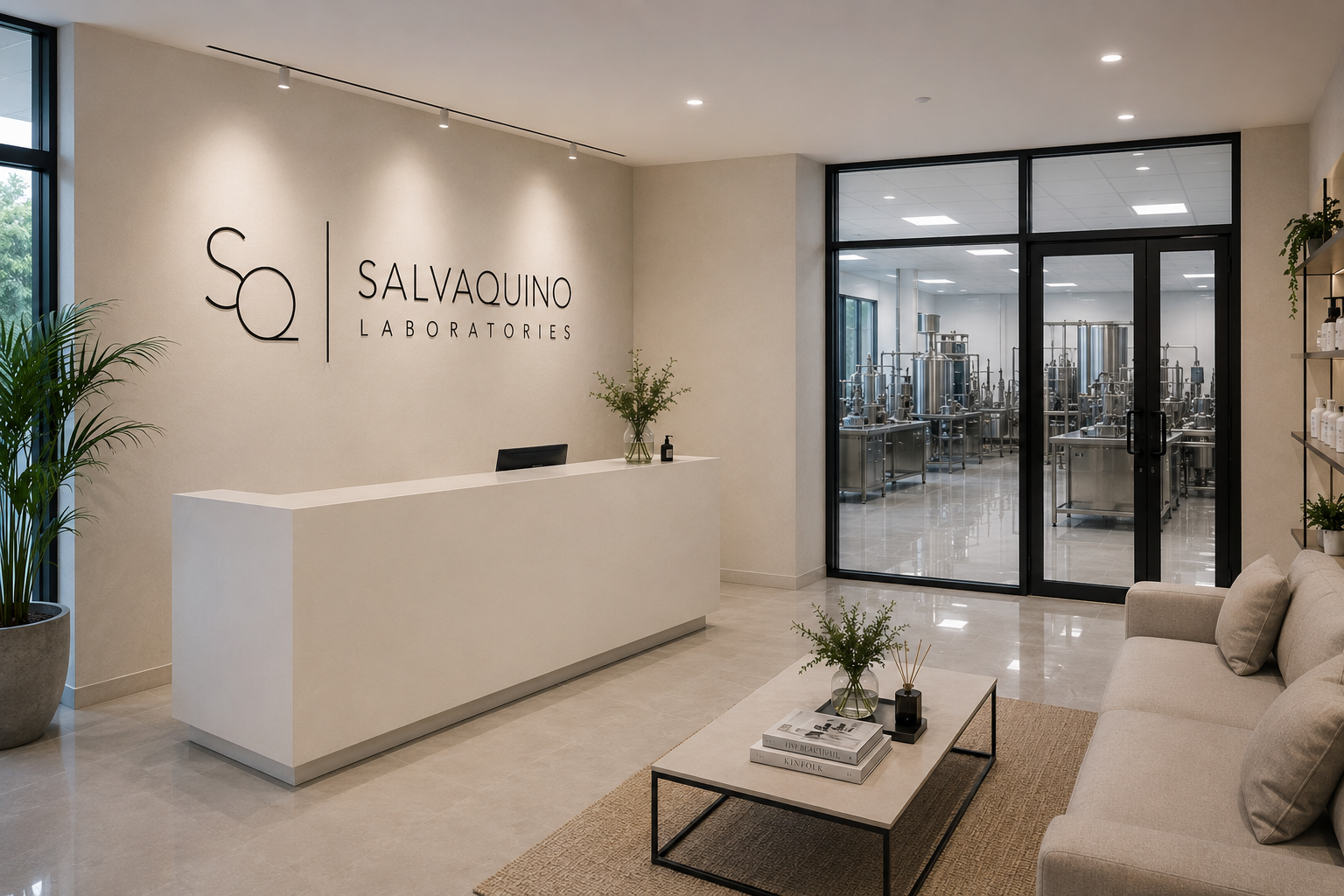 Reception area of Salvaquino Laboratories with a white reception desk, beige waiting sofa, feature wall bearing the SQ logo, and a floor-to-ceiling glass wall revealing the laboratory interior
