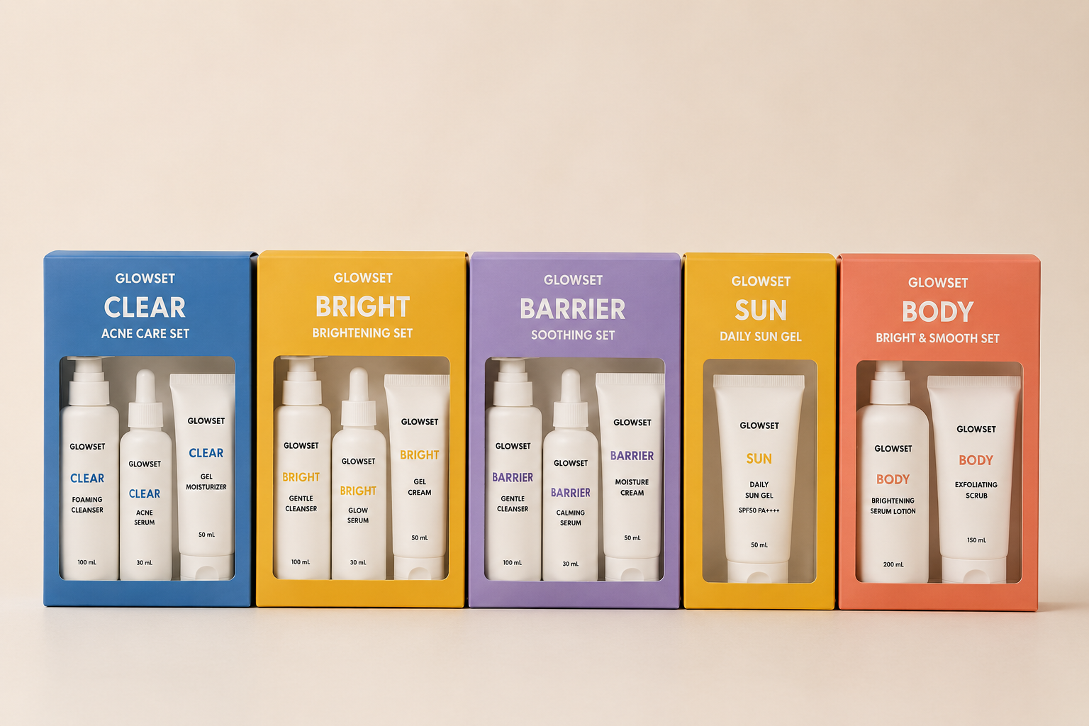 Five GLOWSET product sets in a row — Clear, Bright, Barrier, Sun, and Body — in colored boxes with cutout windows showing the products inside