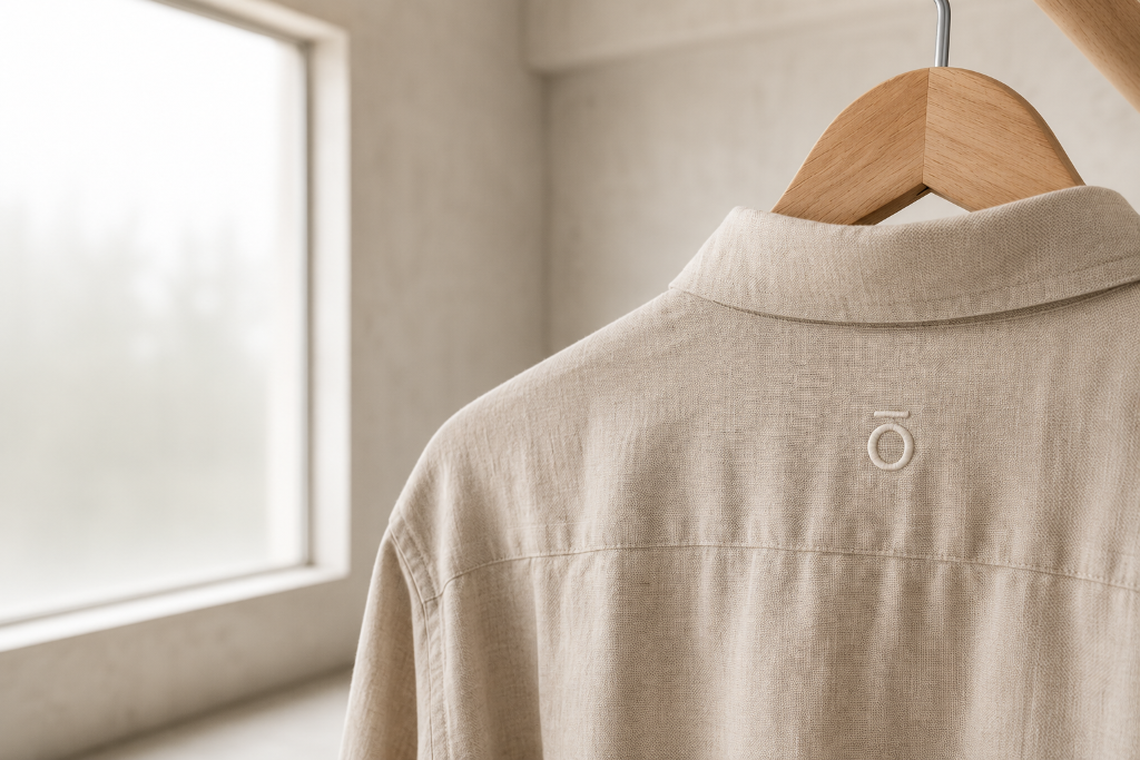 Light beige linen-textured shirt with an embroidered circular logo on a wooden hanger in soft natural light