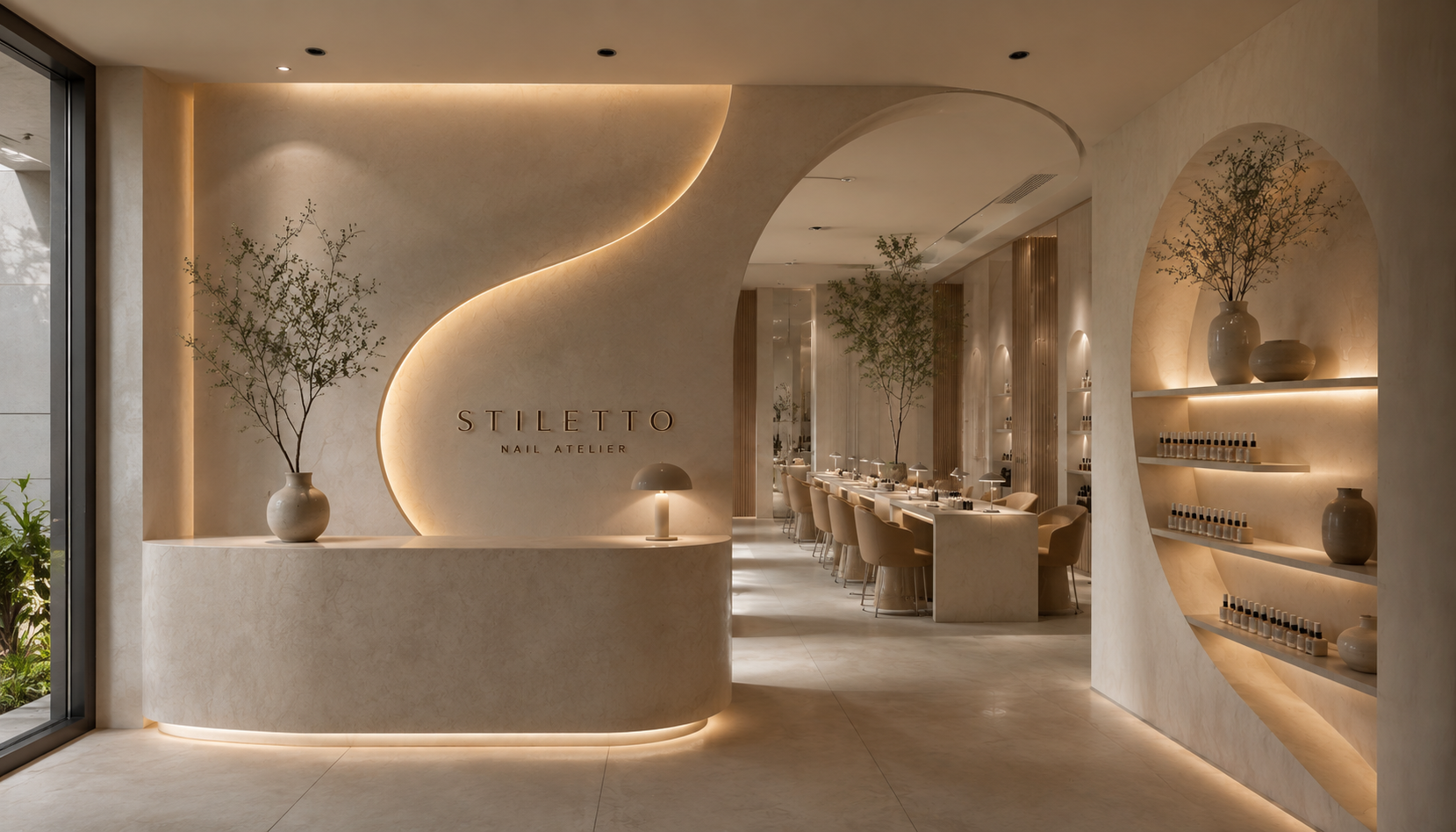 Minimalist Stiletto nail atelier interior with curved stone reception desk, backlit wall signage, and arched doorway in warm neutral tones