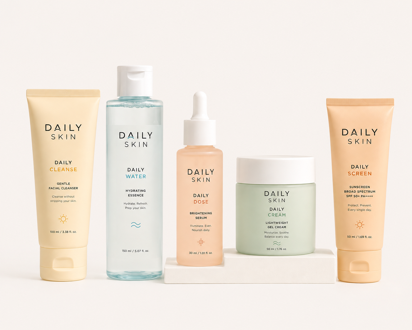 Daily Skin everyday skincare collection arranged on an off-white background