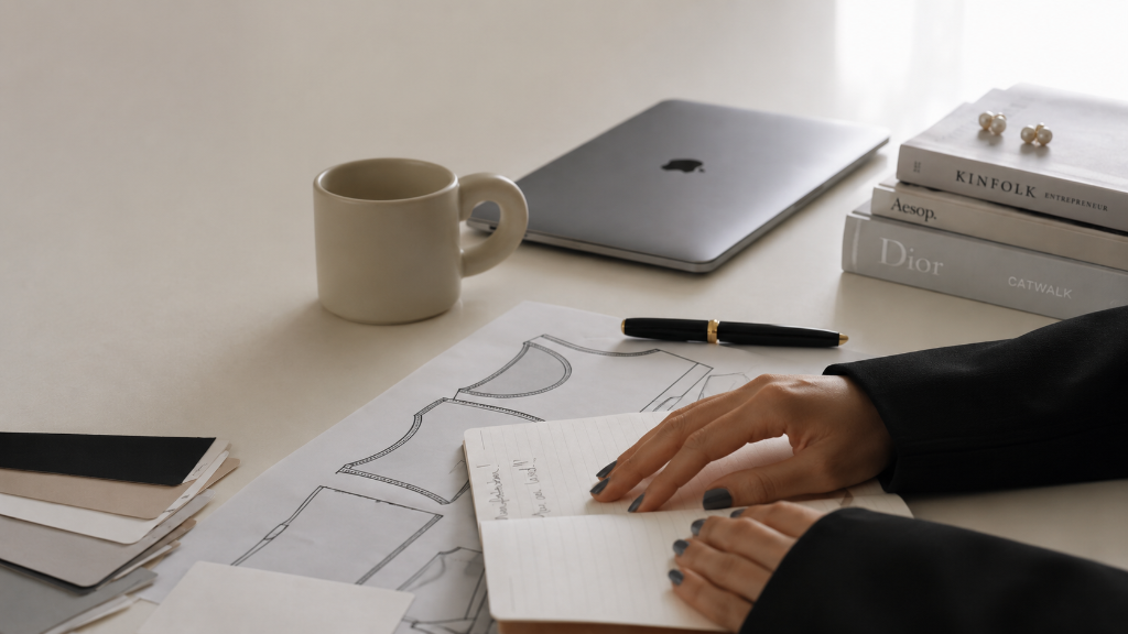 Lifestyle workspace with notebook, fashion sketches, and books on a light beige surface