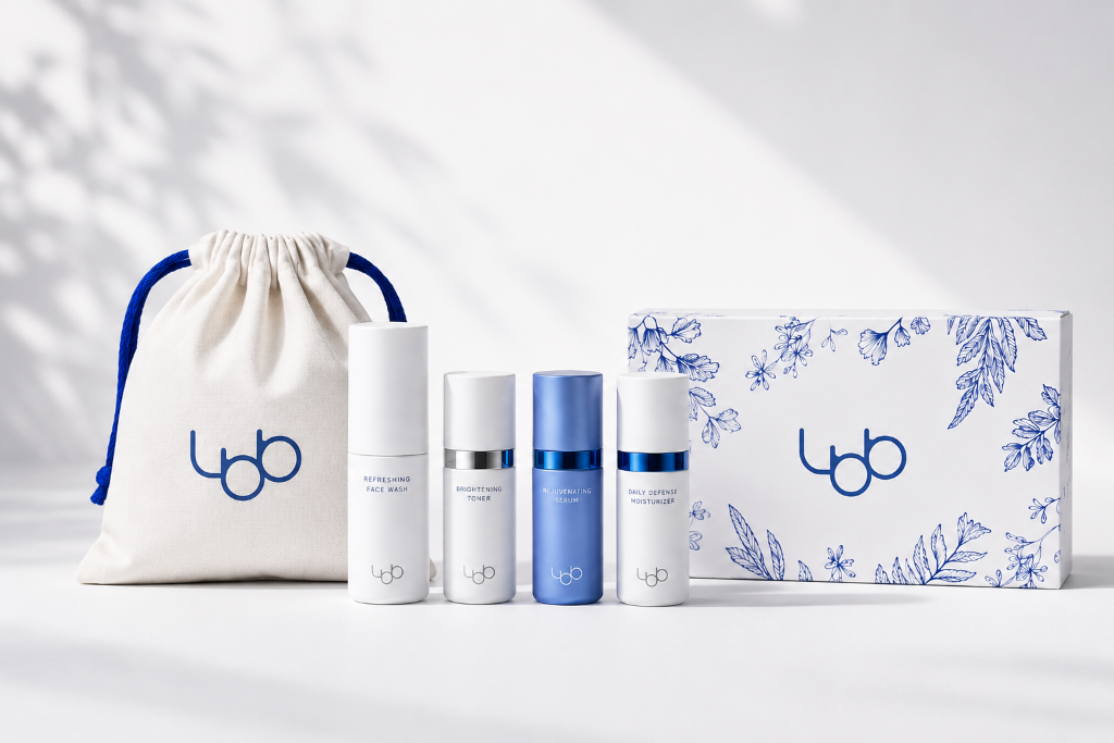 La Boutique Bleue four-piece skincare set with a branded drawstring bag and gift box on a white background