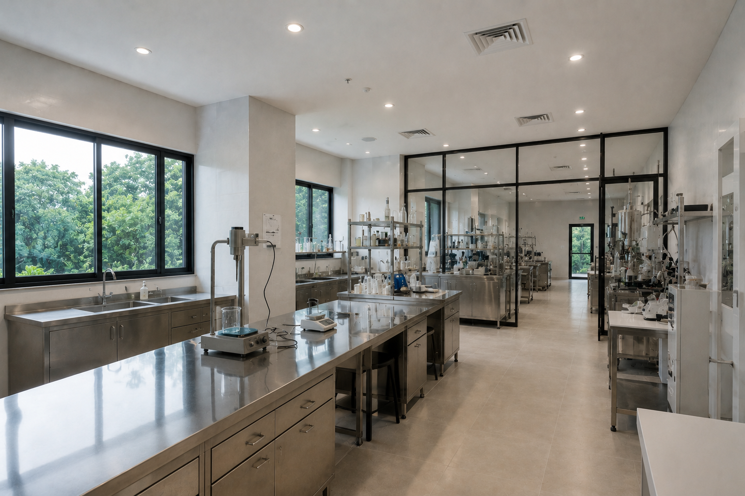 Formulation and product development laboratory at Salvaquino Laboratories with a stainless-steel workbench, homogenizer, precision scale, glass beakers, and a black-framed glass partition