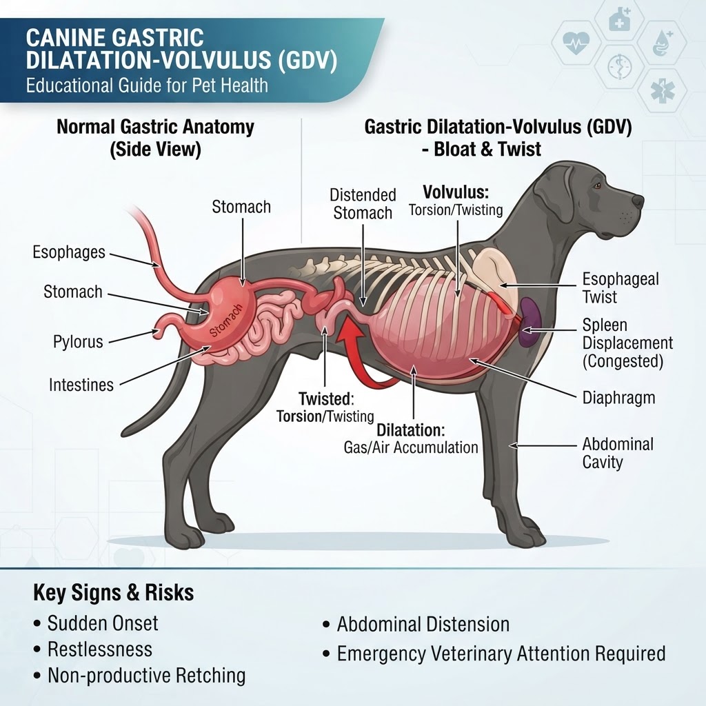 Gastric Dilatation-Volvulus (GDV) in Dogs — Gastric Dilatation-Volvulus (GDV) is a life-threatening, acute condition where a dog's stomach fills with gas and twists on its axis, requiring immediate surgical intervention.