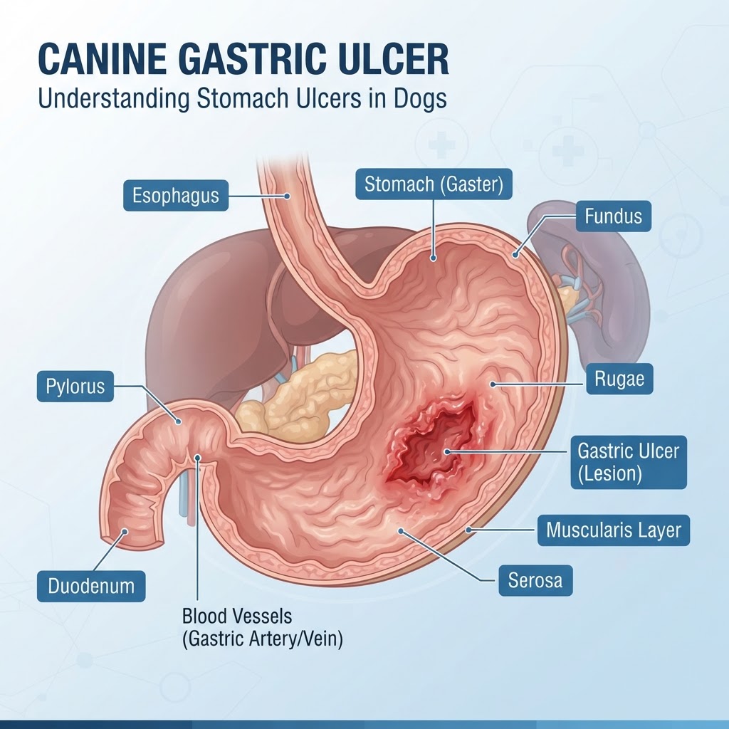 Gastric Ulcer in Dogs — Gastric ulcers in dogs are localized erosions or sores in the stomach lining caused by a disruption of mucosal defense mechanisms, frequently leading to pain, vomiting, and potential gastrointestinal hemorrhage.