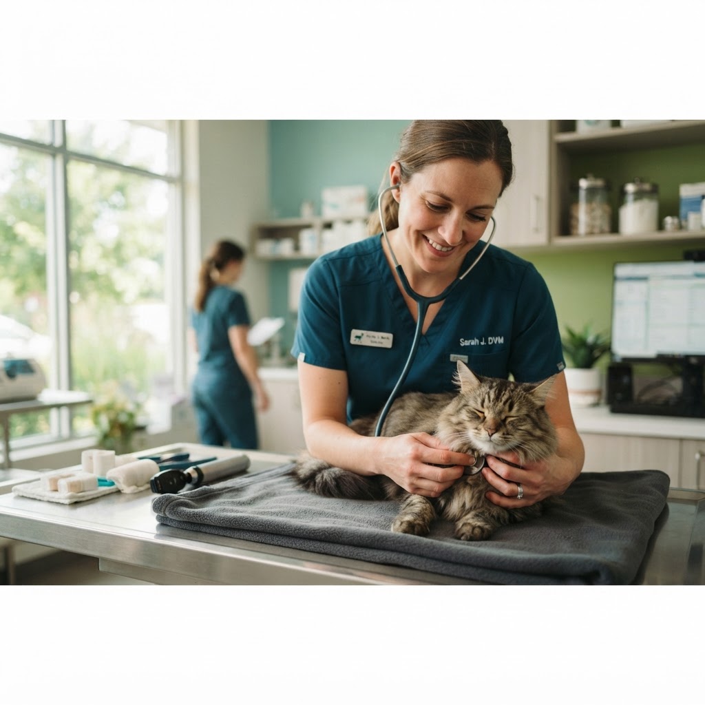 Veterinarian examining a cat with a stethoscope