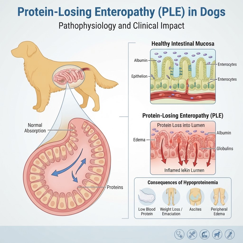 Protein-Losing Enteropathy in Dogs — Protein-Losing Enteropathy (PLE) is a severe condition characterized by the excessive loss of serum proteins through the gastrointestinal tract, leading to life-threatening hypoalbuminemia.