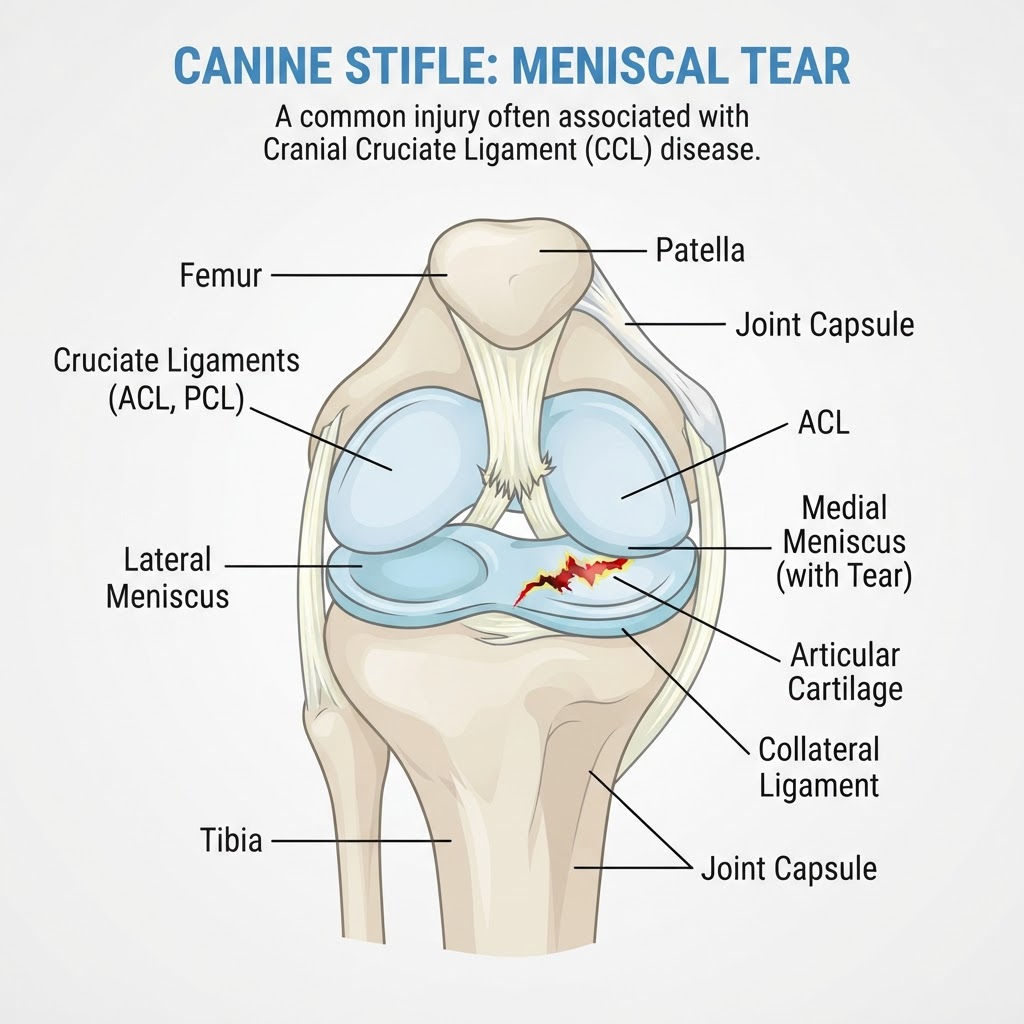 Meniscal Tear in Dogs — A meniscal tear in dogs involves damage to the cartilage within the knee joint, often leading to pain, lameness, and instability.