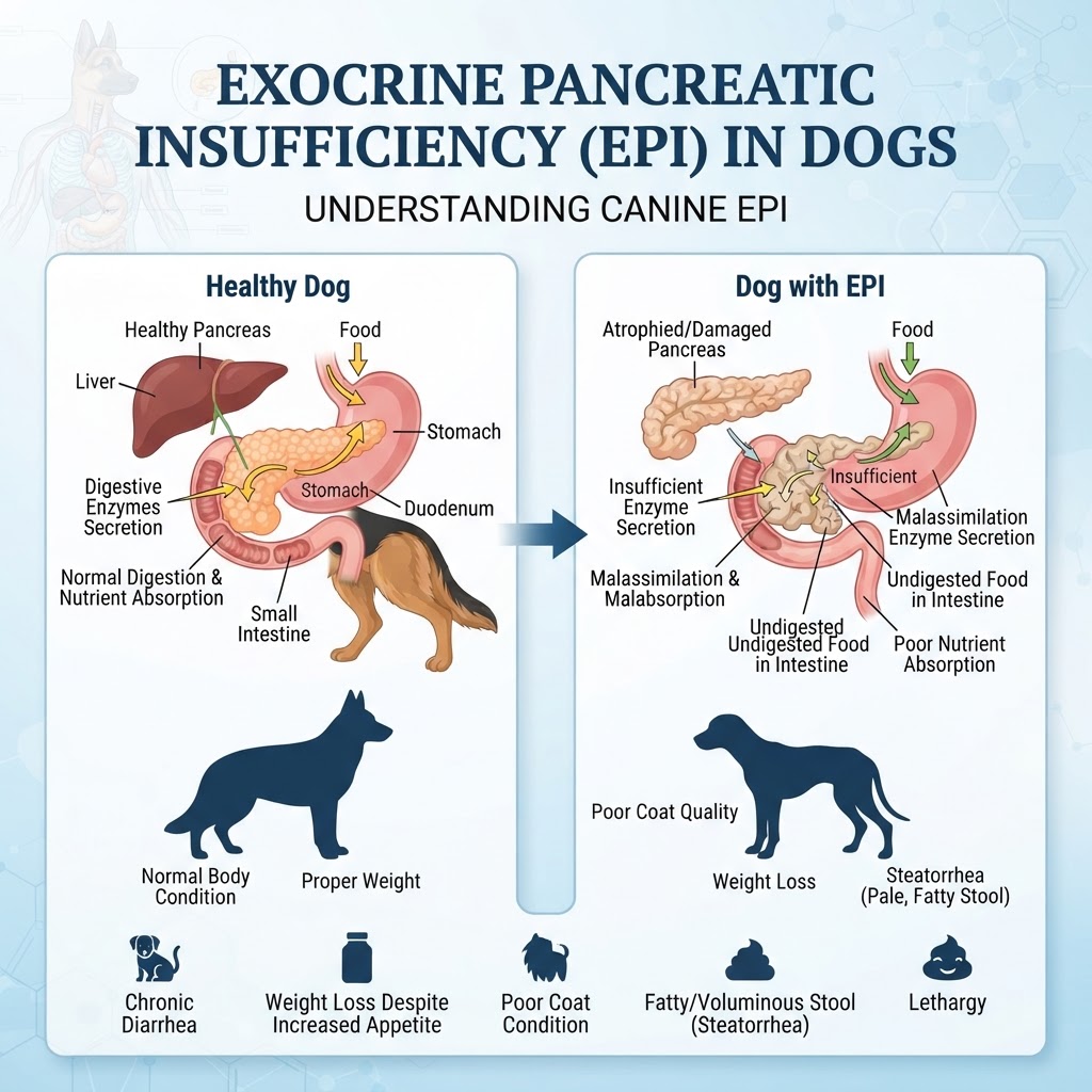 Exocrine Pancreatic Insufficiency (EPI) in Dogs — Exocrine Pancreatic Insufficiency (EPI) is a debilitating condition where the pancreas fails to produce sufficient digestive enzymes, leading to severe malabsorption and malnutrition.