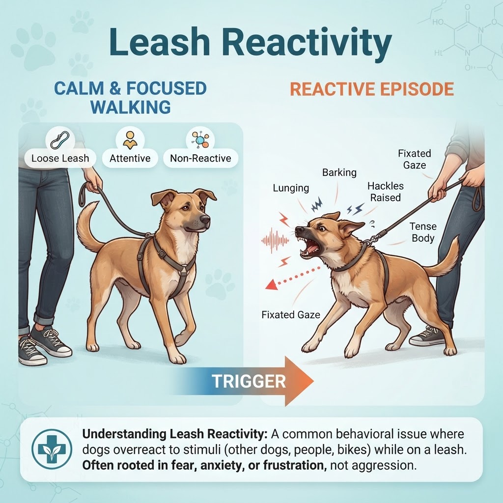 Leash Reactivity in Dogs — Leash reactivity is a behavioral condition characterized by a dog's display of intense, often aggressive-appearing, emotional responses to environmental triggers while restrained on a leash.