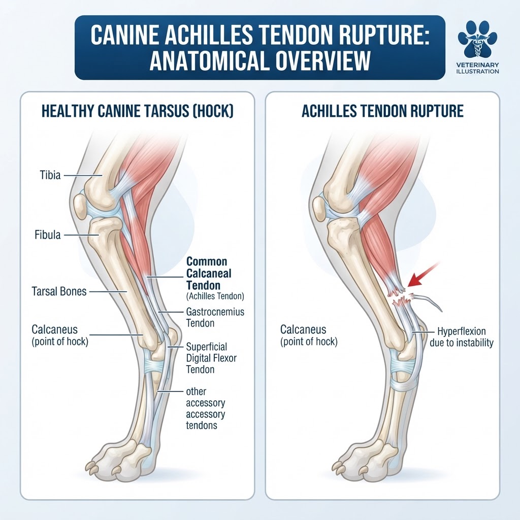 Achilles Tendon Rupture in Dogs — An Achilles tendon rupture in dogs is a traumatic injury to the calcaneal tendon, causing hindlimb lameness and an inability to bear weight.