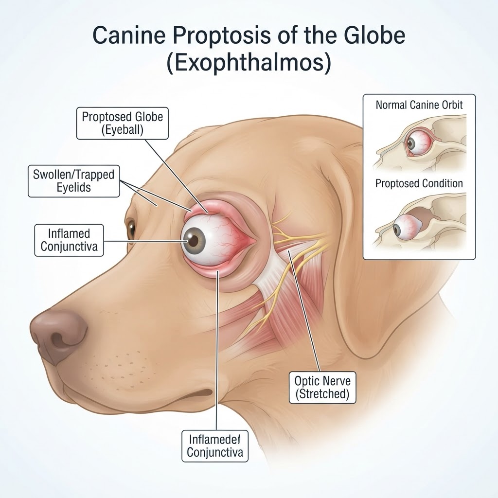 Proptosis of the Globe in Dogs — Proptosis of the globe is a veterinary emergency characterized by the forward displacement of the eyeball out of the orbital socket, resulting in the eyelids trapping the globe behind them.