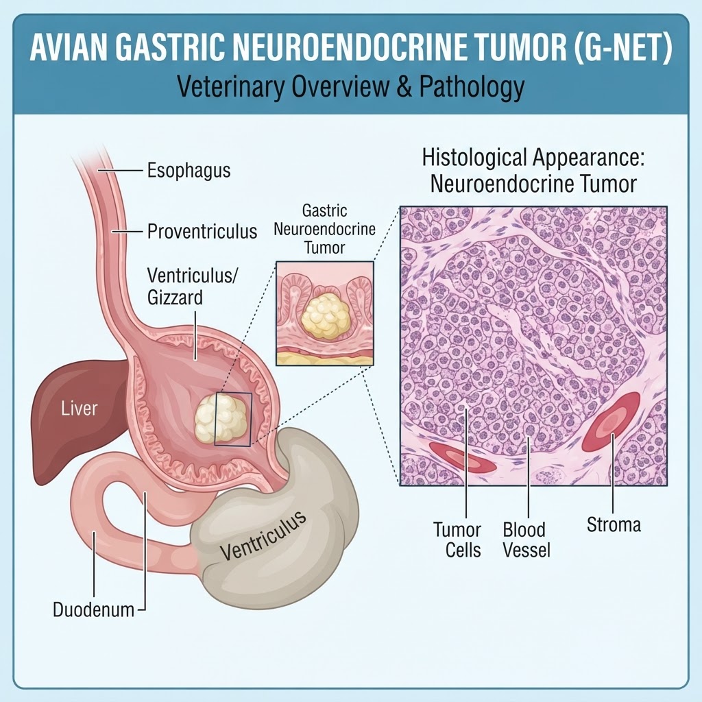 avian gastric neuroendocrine tumor — An avian gastric neuroendocrine tumor is a rare, slow-growing malignancy originating from the hormone-producing cells of the gastrointestinal tract, often leading to progressive weight loss and digestive obstruction.