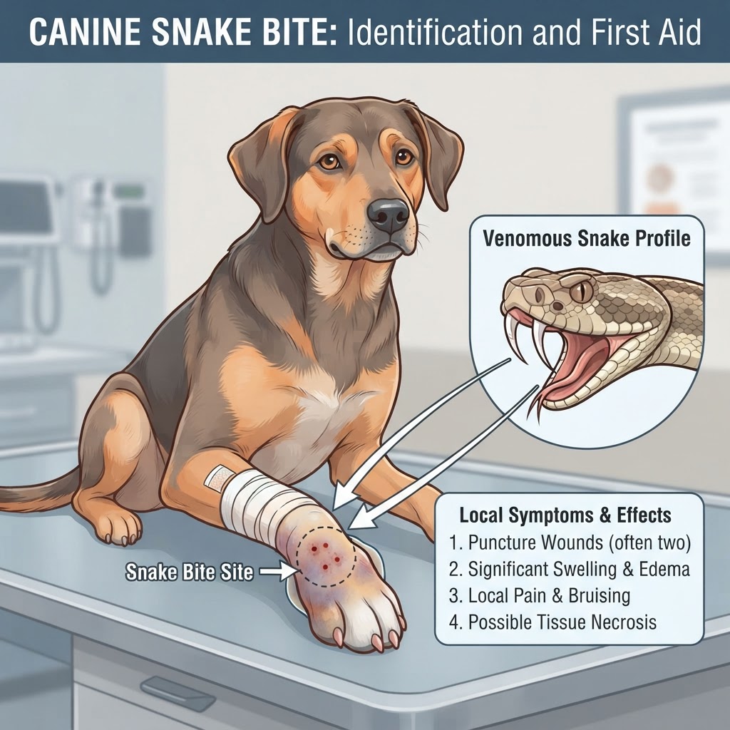 Snake Bite in Dogs — A snake bite in dogs is a traumatic envenomation event involving the injection of cytotoxic, neurotoxic, or hemotoxic venom, requiring immediate veterinary intervention to manage systemic complications.